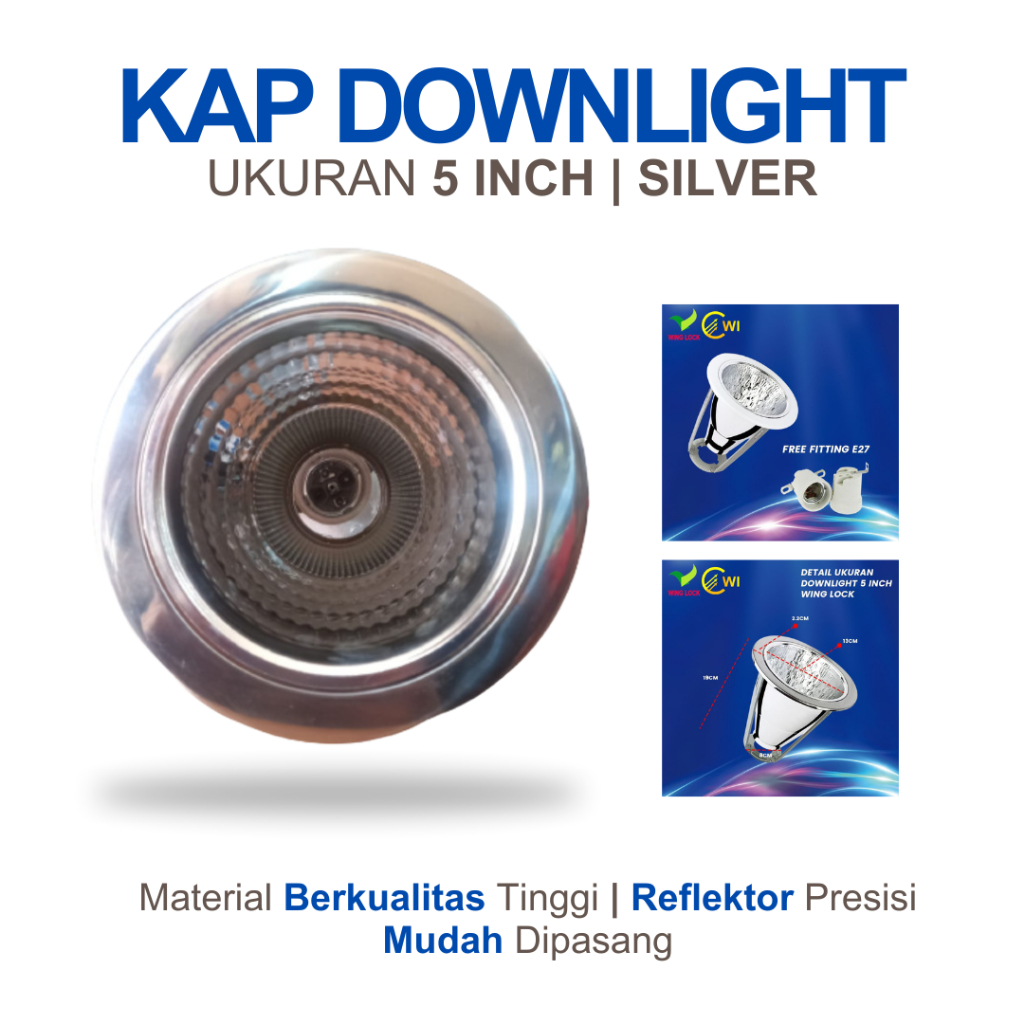 KAP LAMPU DOWNLIGHT 5 INCH WARNA SILVER FITING LAMPU E27 DOWNLIGHT KAP LAMPU PLAFON