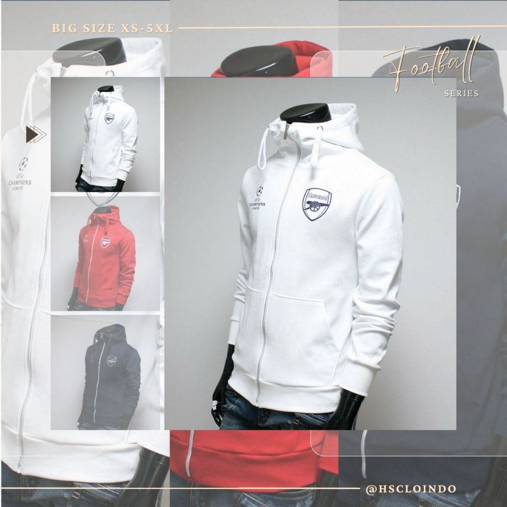 HOODIE Zipper Bola HSCLO UCL Arsenal Jaket Big Size Bahan Fleece Ukuran Jumbo XS S M L XL XXL 3XL 4X