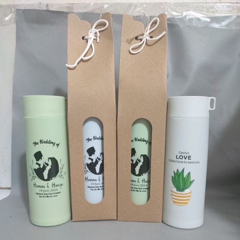 Botol Tumbler Kaca Kaktus Custom Nama Kemas Box rustik Coklat tali Goni