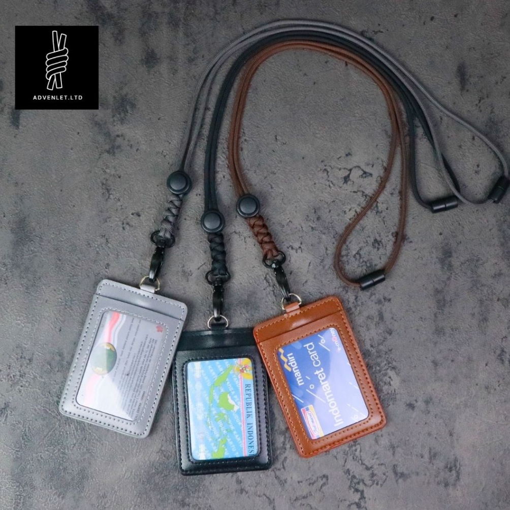 

KODE I16F Lanyard ID Card Paracord 4mm Gantungan Tali Nametag Holder Leather PU Kulit Sintetis 2 Sisi Slot Kartu