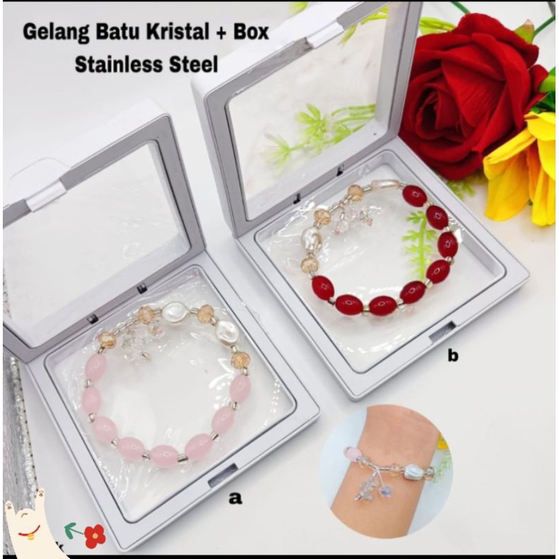 Gelang Import Batu Kristal Merah Delima + Box Gelang Korea Batu Kristal Elegan Tampilan Mewah Perhia