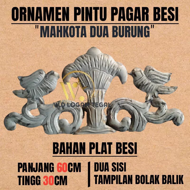 ornamen pintu pagar besi mahkota dua burung 30x60 dua sisi bolak balik, hiasan pagar besi