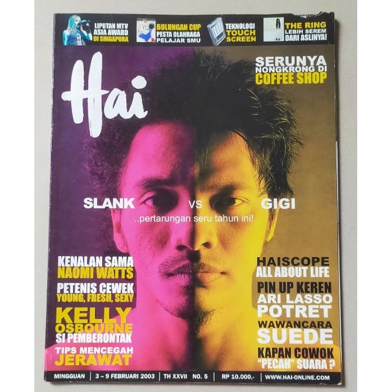 Majalah Hai 3 Februari 2003 : Cover Slank vs Gigi - Potret - MTV Asia Award - Suede