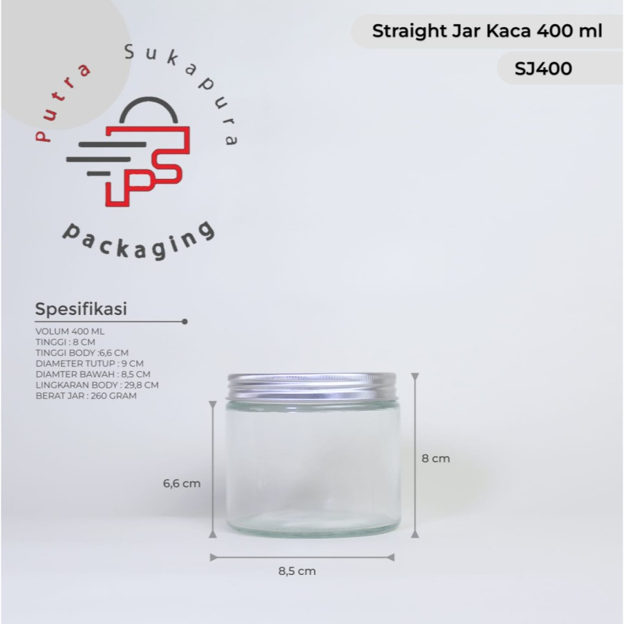 Straight jar kaca 400ml / toples tabung 400ml kaca tutup almunium