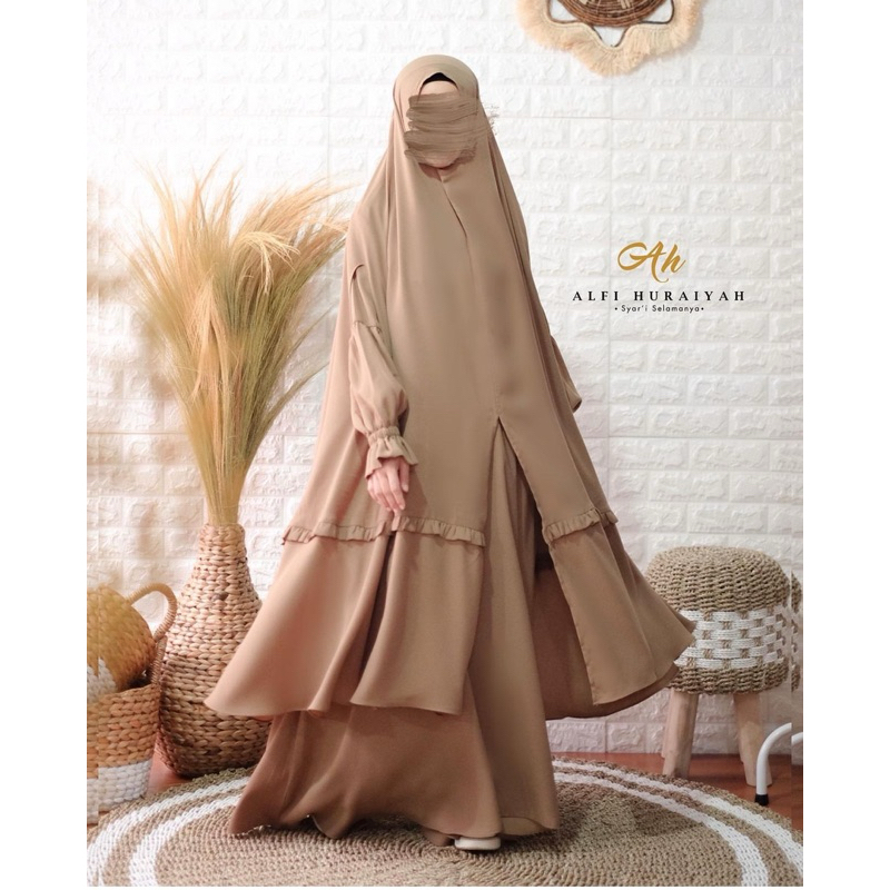 preloved alfi huraiyah 1 set - gamis tangkuban perahu - gamis muslimah - french khimar