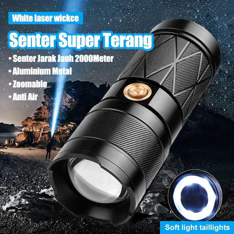 𝑨𝑵𝑩𝑶𝑳𝑻 Senter LED Super Terang Jarak Jauh 2000 meter Zoomable Senter Mini Anti Air Senter LED 90000 