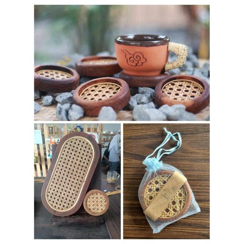Tatakan gelas/ Tatakan kayu&rotan/Tatakan gelas bulat / Coaster aesthetic
