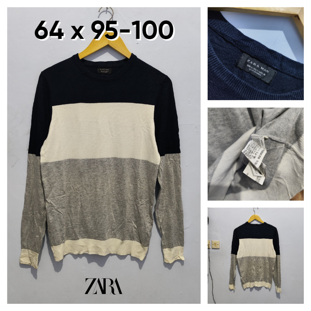 Sweater Atasan Zara Man O Neck Salur Triple Color Size S Fit M Pria Sweater Cowok Atasan Rajut Knit 