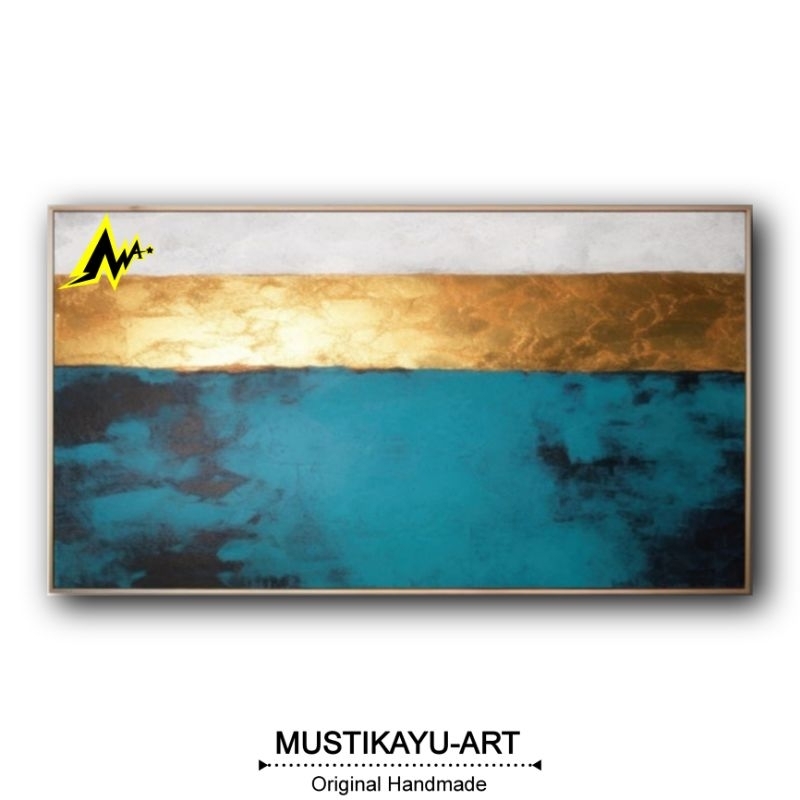 Lukisan kanvas abstrak foil hijau 80x150cm frame handmade hiasan dinding