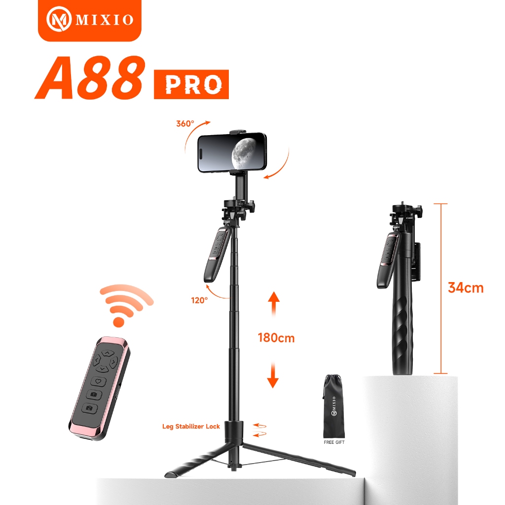 MIXIO A88PRO 180CM Tripod Tongsis Bluetooth Remote Hand Stabilizer Selfie Stick Kamera Alumunium Pre