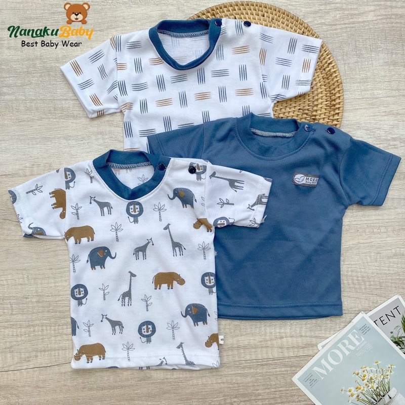 RB Nanaku Baby - Ukuran S M L XL Isi 3 PCS Baju Bayi Kaos Oblong Series Biru Denim Usia 0-18 Bulan