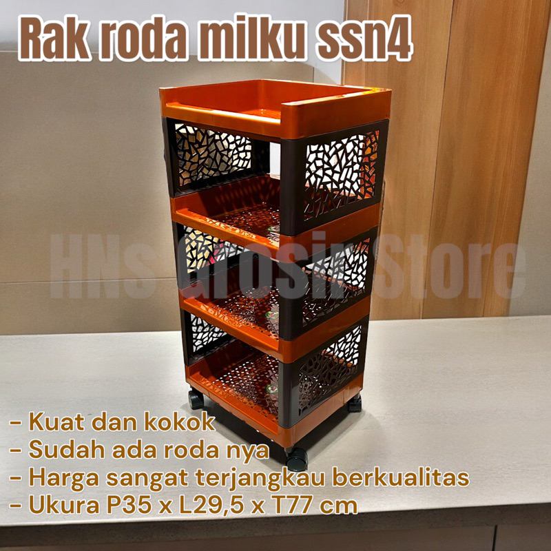 Rak plastik roda susun 4 Milku tebal - Rak buku baju serbaguna