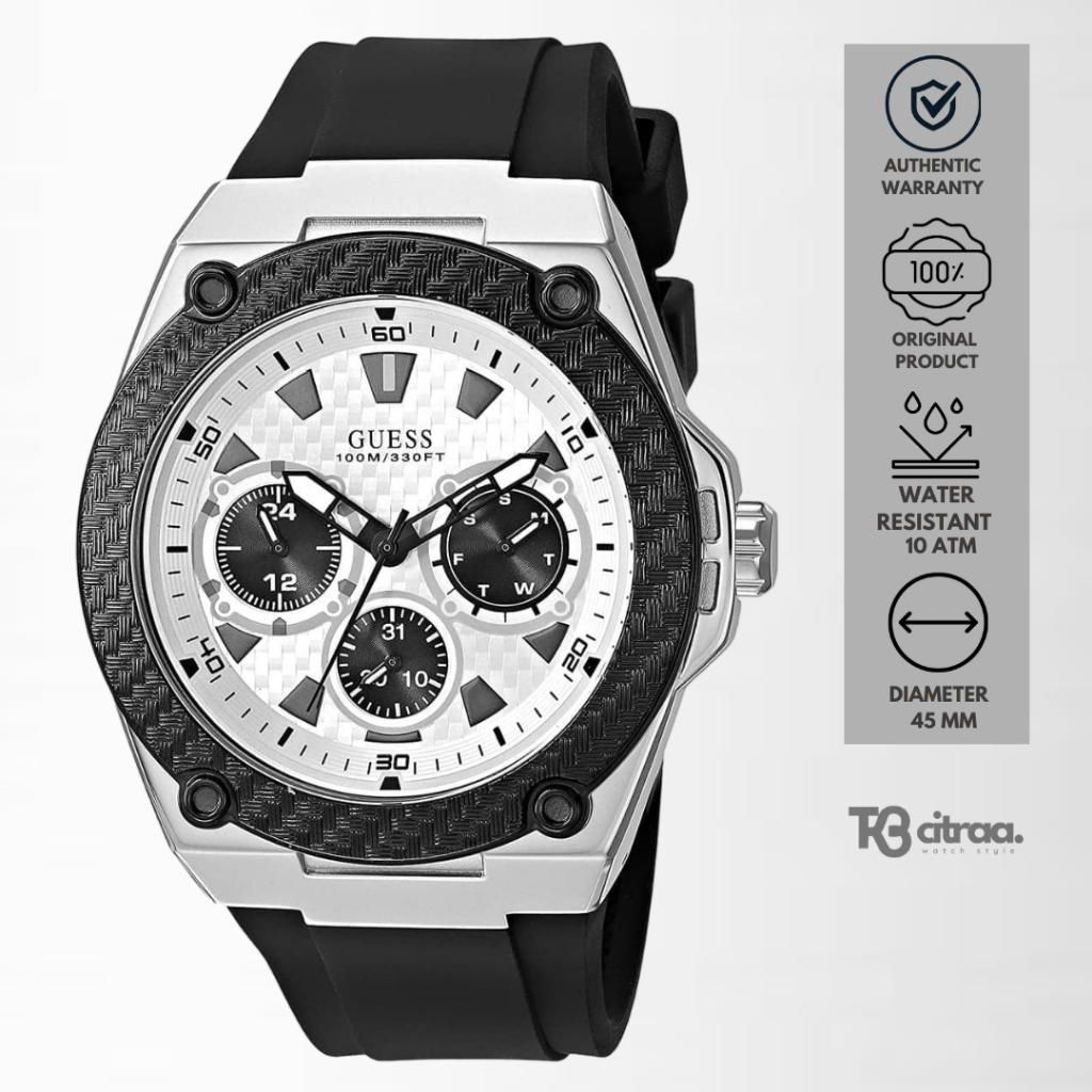jam tangan fashion pria guess legacy analog strap rubber silicone chronograph day date black sporty 