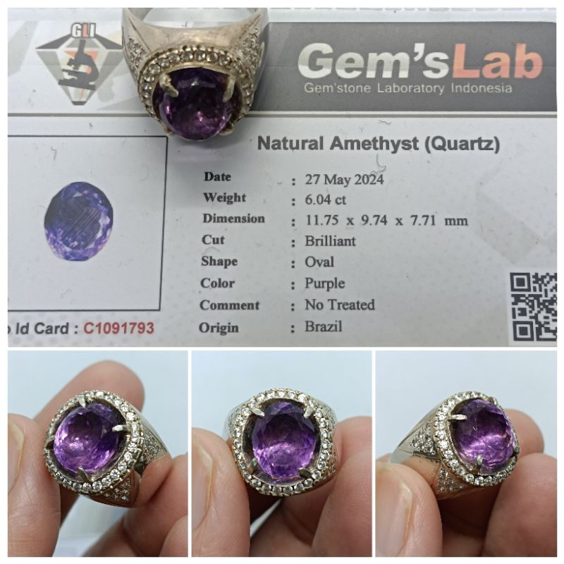 Natural Amethyst Kecubung Brazil 6 ct memo GLI Ring Perak