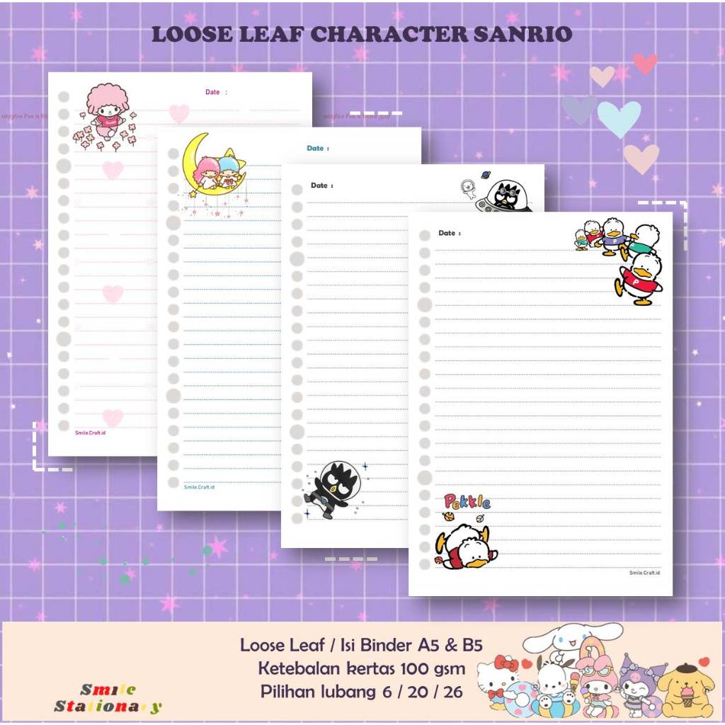 

KERTAS LOOSE LEAF ISI BINDER REFILL NOTEBOOK KARAKTER SANRIO (PART 2) - 100 GSM