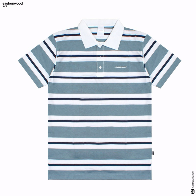 Rugby Shirt  Lengan pendek Polo Shirt Polo Lengan Pendek Stripe Blue White