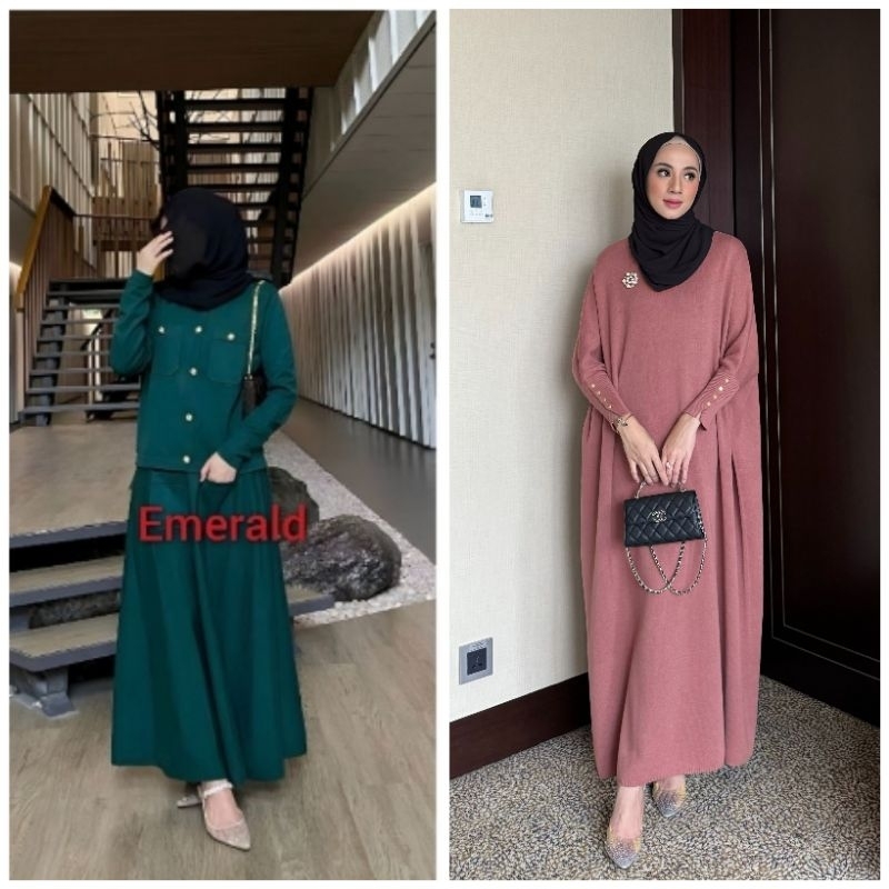Ima set Emerald & Batwing  Dress spicy coral gonegani siap kirim