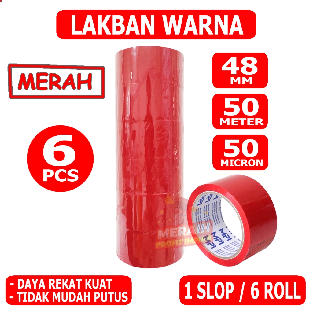 

1 SLOP - 6 PCS - Lakban MPI Warna - Warni 48 mm x 50 Yard - merah