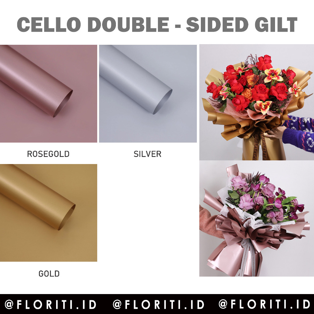 

(PACK) Kertas buket cellophane/flower wrapping double sided gilt gold rosegold silver