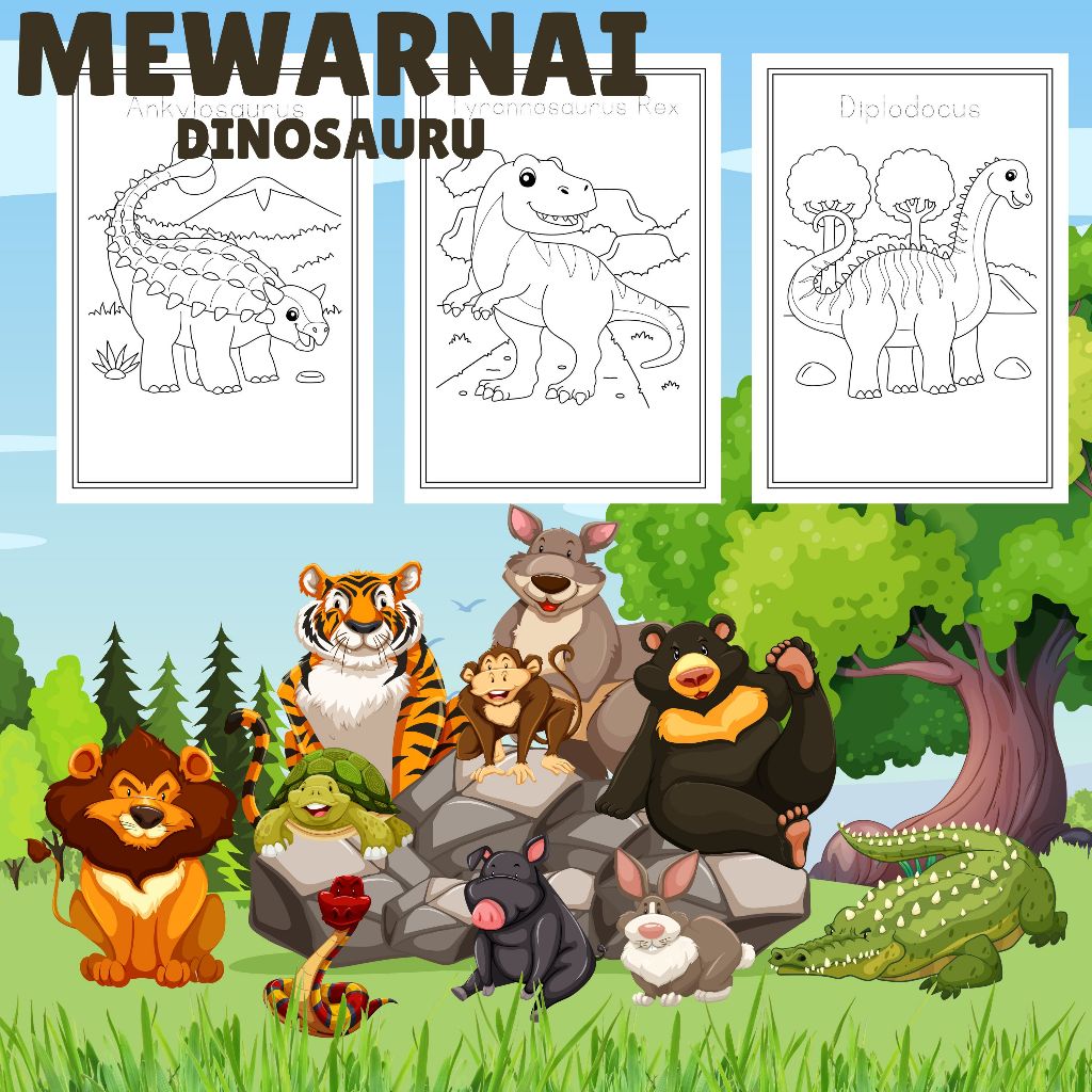 

kertas gambar mewarnai tema dinosauru 20 lembar dan bonus pensil 12 warna