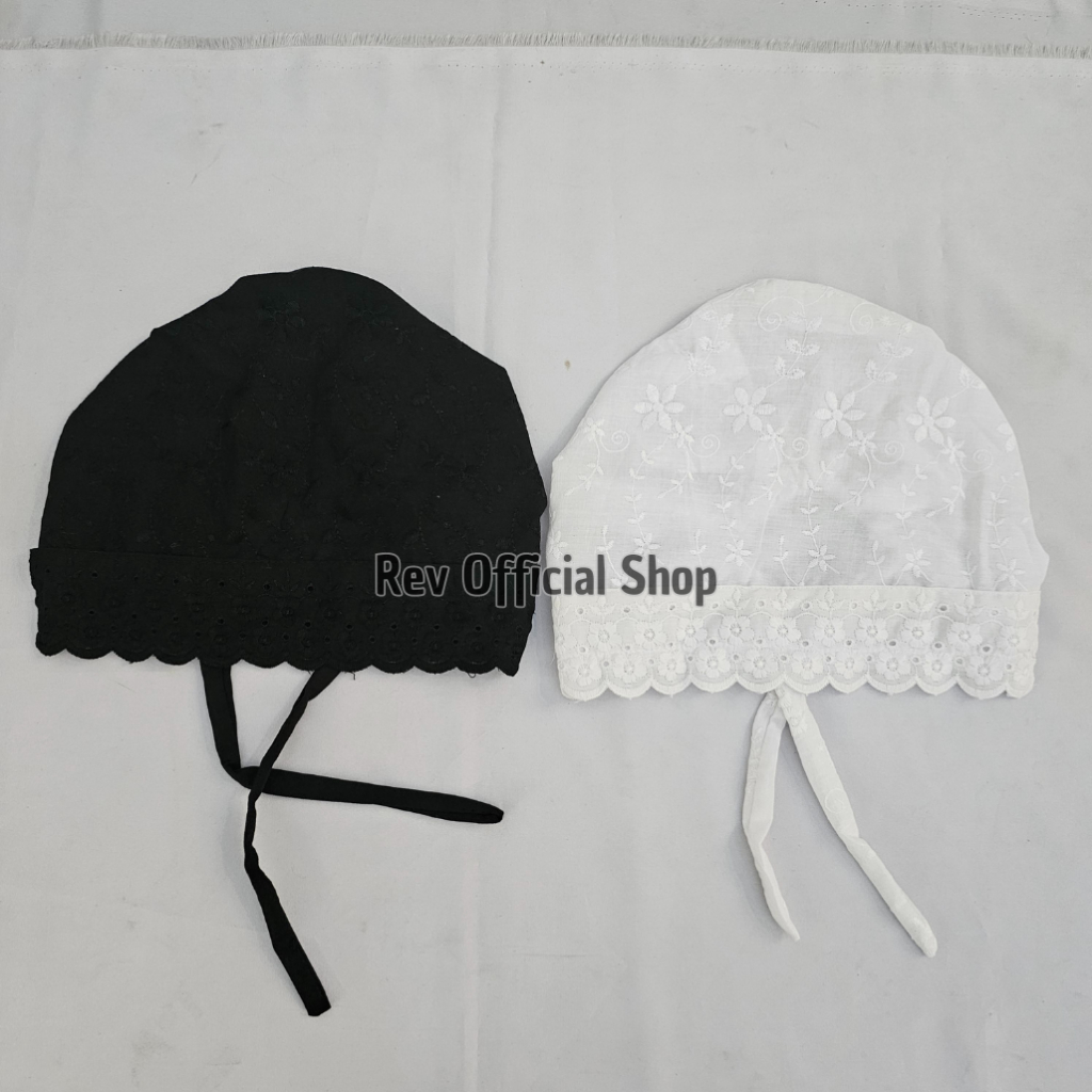 Rev Ciput Dalaman Hijab Wanita Tali Belakang Perlengakapan Umroh Katun Paris Full Bordir Hitam dan P