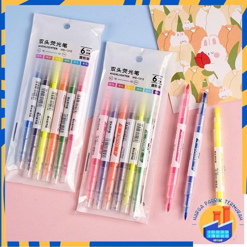 

Spidol highlighter Dua sisi warna isi 6pcs | Pulpen 2 sisi manik gliter | Pulpen warna | Spidol glitter