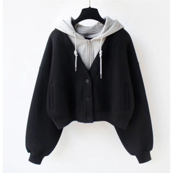 Jaket Unik / / Twotone Hoodie Korea Limited Zipper Hoodie Wanita premium fleece - Hitam