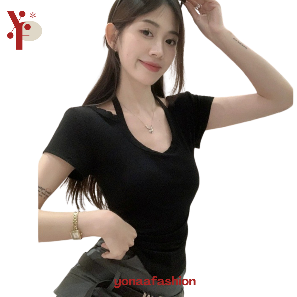 YNJ BJ414 Baju Kaos Atasan Wanita Tali Leher Sexy Korean New Style