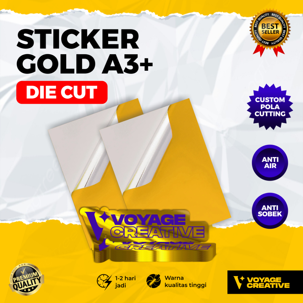 

CETAK STIKER GOLD ANTI AIR - POTONG POLA/DIE CUTT - CUSTOM DESAIN