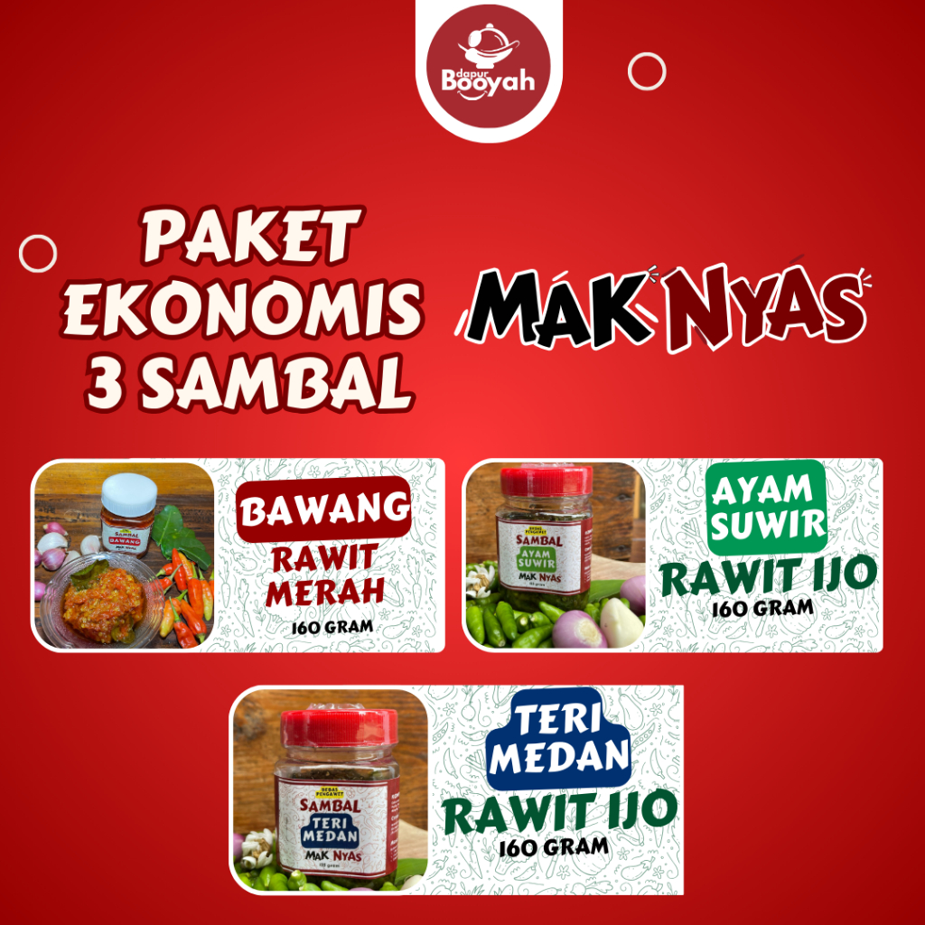 

Paket Sambal Mak Nyas 3 Varian Rasa Ayam Suwir, Teri Medan, Sambal Bawang.