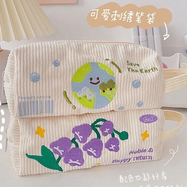 

Gila KENSHO Pouch Aesthetic Kain Corduroy Handle Lucu Import Kotak Pensil Kain Tempat Makeup Cute