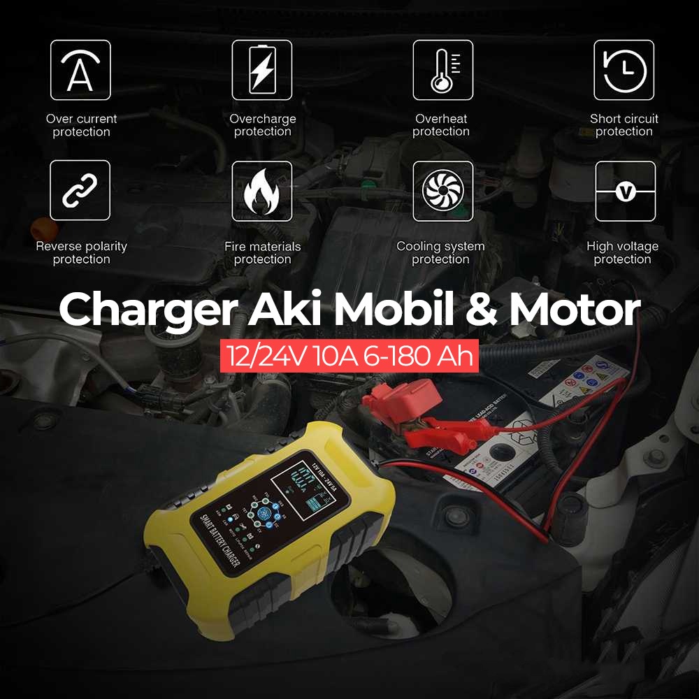 FOXSUR Charger Aki Mobil Motor 12/24V 10A 6-180 Ah - FBC122410D - Yellow