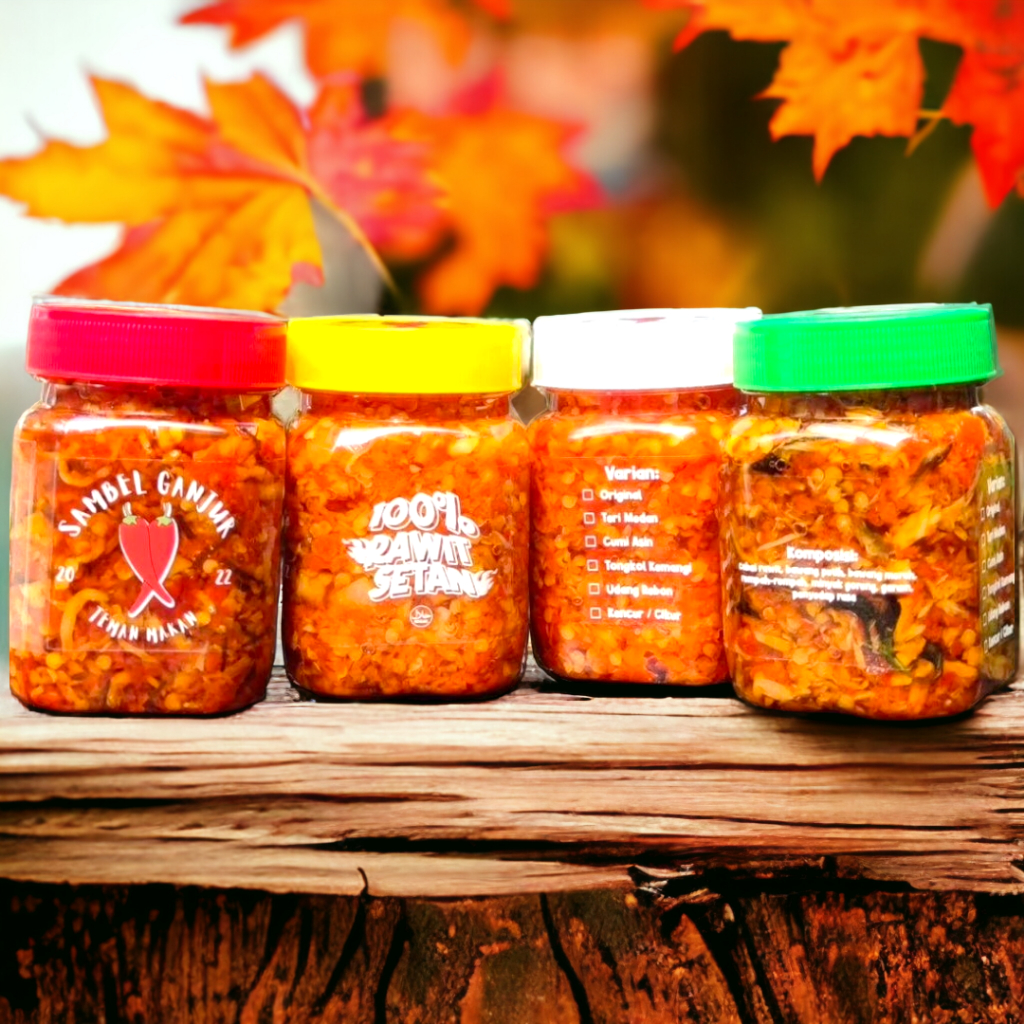 

4 Botol Sambel Ganjur MIX Bawang/Teri/Udang/Tongkol Kemangi Pedas Gurih Enak Praktis Sambel Botol