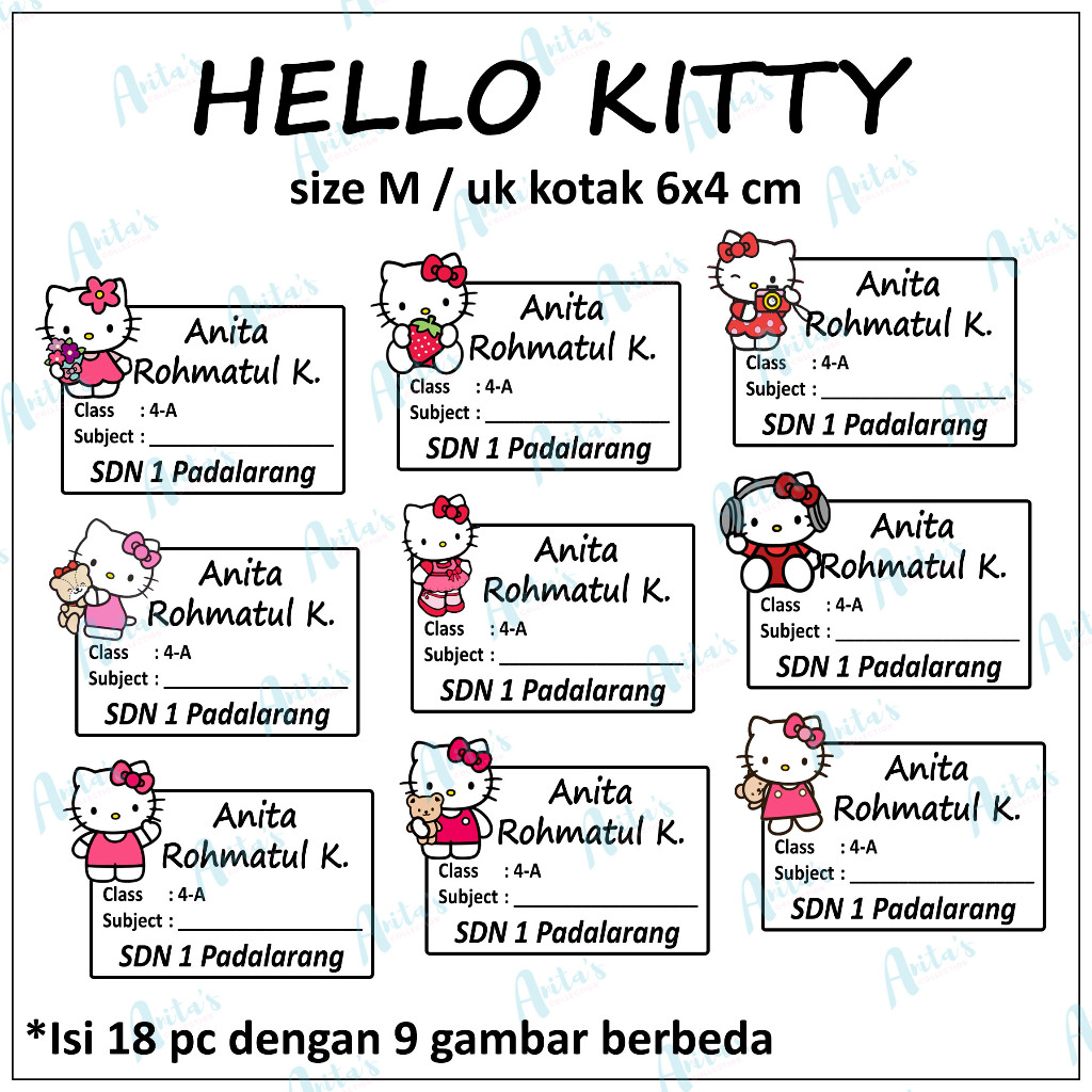 

18pc STIKER NAMA BUKU PELAJARAN ANAK SEKOLAH tema HELLO KITTY | size M / 6x4 cm | CUSTOM