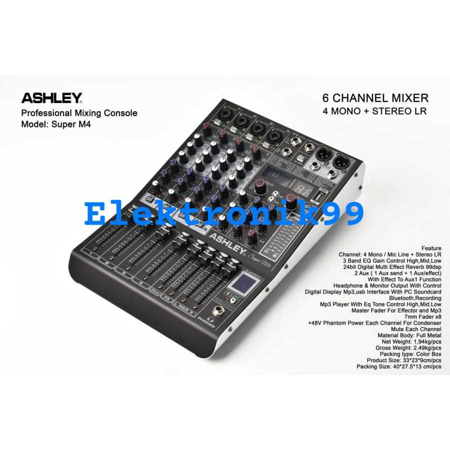Mixer Ashley Super M4 / M 4 Original 6 Channel Effect Reverb 99 Dsp