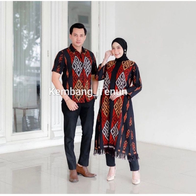 Set Couple Tenun Tumpal Merah Hitam baju pasangan pria wanita kondangan prewedding natal imlek lebar