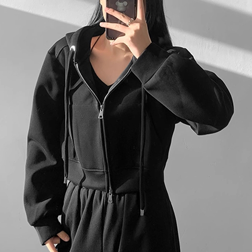 baju atasan wanita terbaru - Hoodie Cropped Drawstring Korea - Sweatshirt Full Zip Polos Hitam