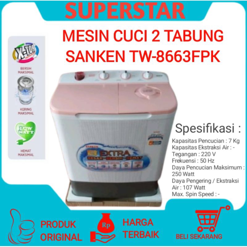 Mesin cuci Sanken TW-8663FPK Mesin Cuci 2Tabung Sanken tw8663fpk