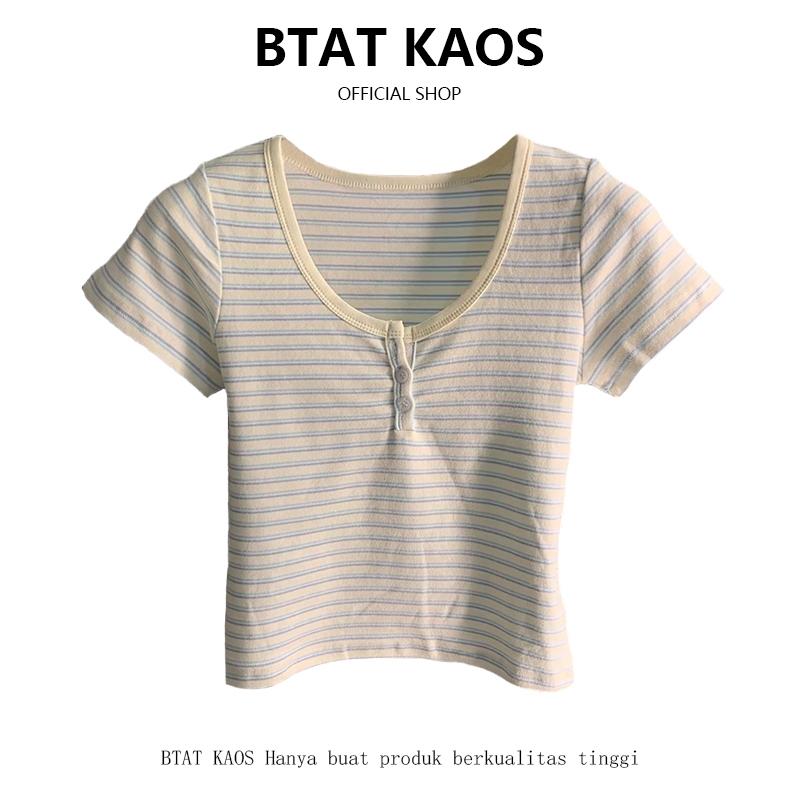 BTAT Crop Top Salur Biru/ T Shirt Kerah Setengah Terbuka Premium / Baju Kaos Wanita Terbaru 2024