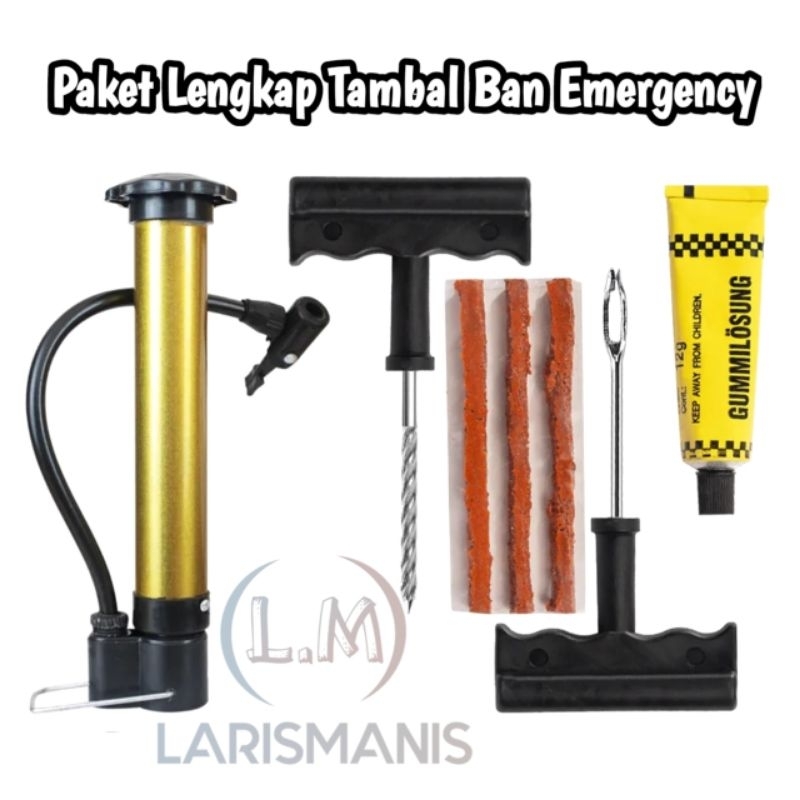 Paket Lengkap Tambal Ban Tubless - Alat Tambal Ban Pompa Mini Emergency