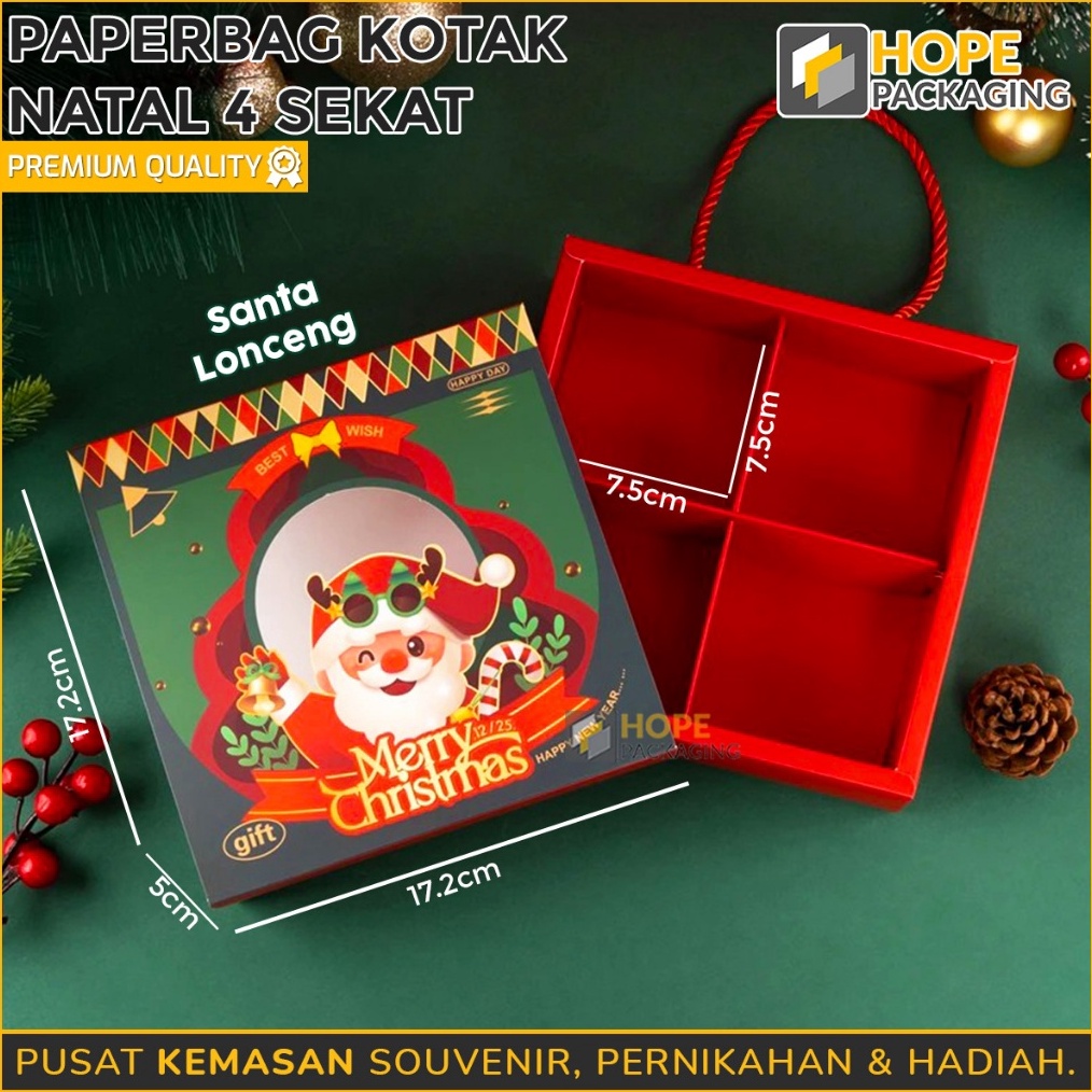 

EKSKLUSIF Paper Box Kotak Natal 4 Sekat kotak Kue Natal Box Kue Pie Kotak Packaging Natal Souvenir Snack Paper Bag Box Natal