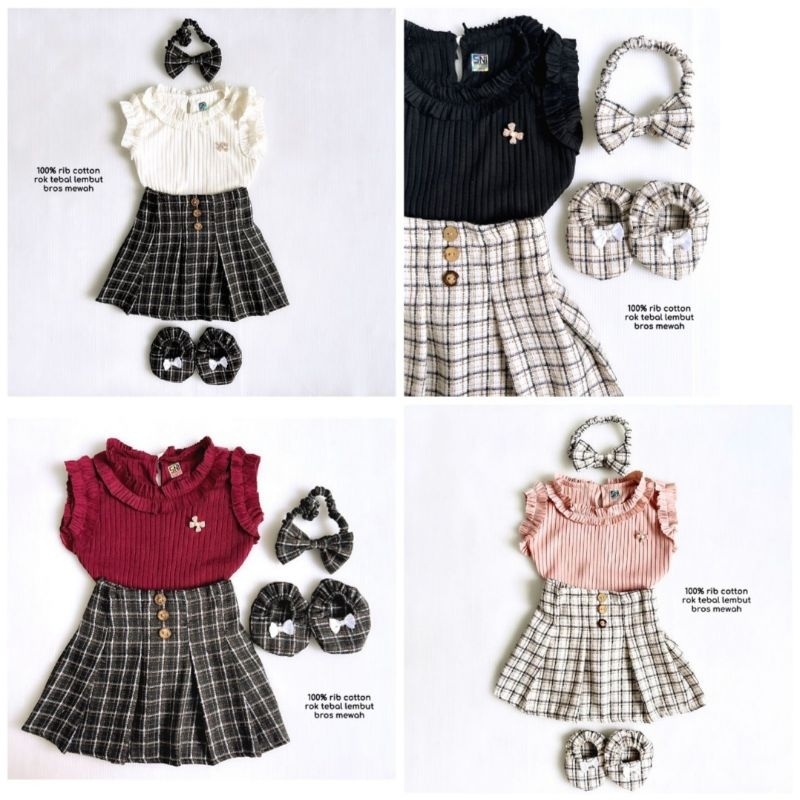 baju fashion setelan kaos rib rajut rok tweed pleated korea stelly bayi perempuan