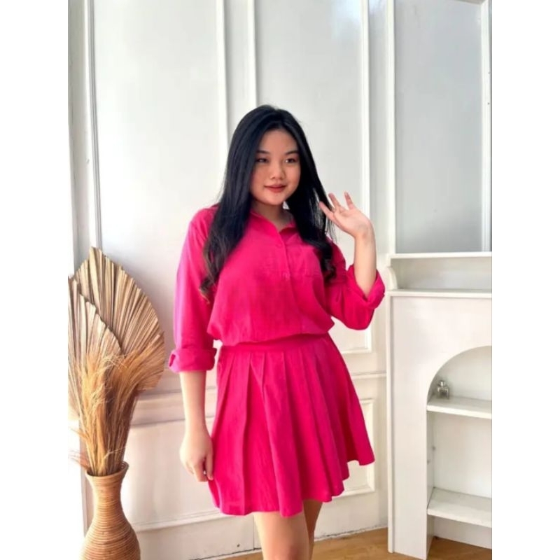 (PO - PRE ORDER) Ju woon set - pleats skirt - rok tennis - long sleeve shirt - buttoned shirt - keme