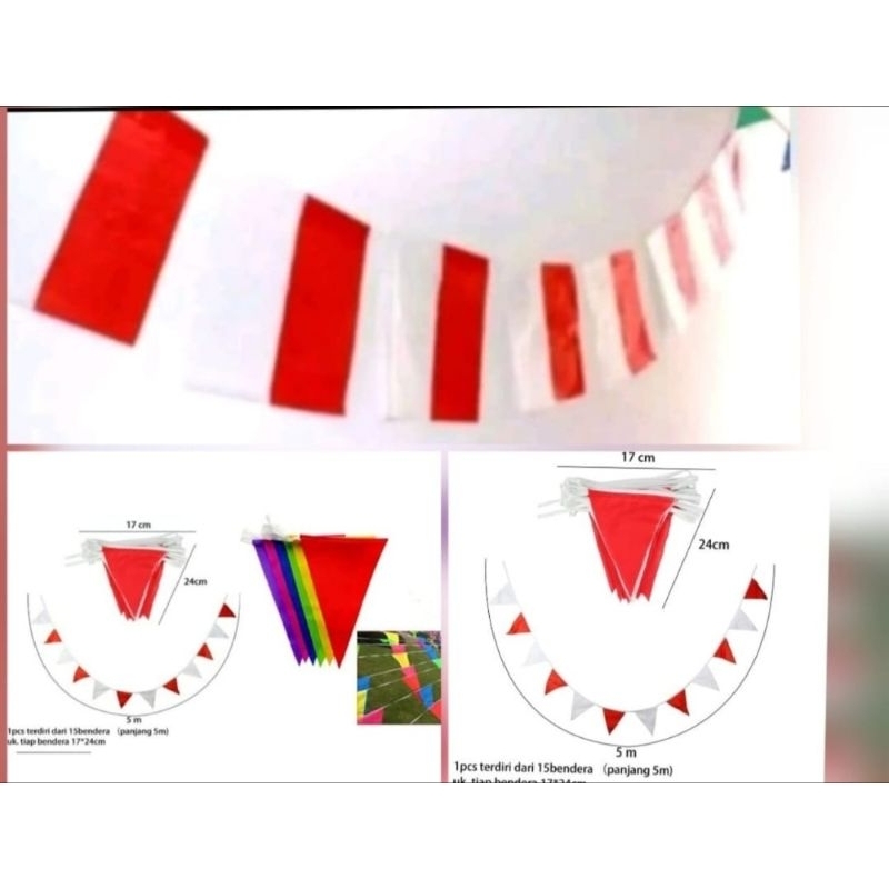 Bendera Plastik Merah Putih Plus Tali/Bendera Segitiga Merah Putih / Bendera Kain Segitiga Warna War