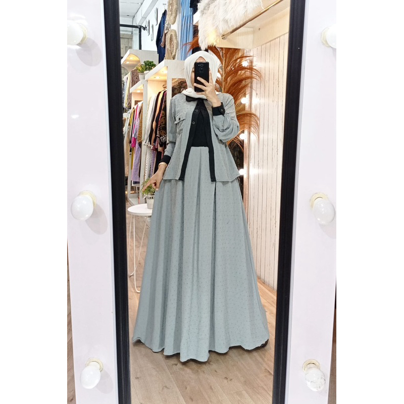 Gamis Zihan One Set Rompi Terbaru - Gamis Rompi Motif List Hitam Kekinian - Gamis Rompi dz478