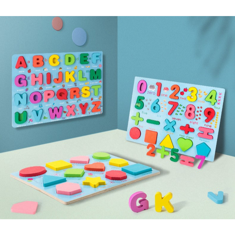 Puzzle Kayu Anak ABC 123 Chunky Puzzle Pastel Wooden Puzzle 3D Puzzle Geometri