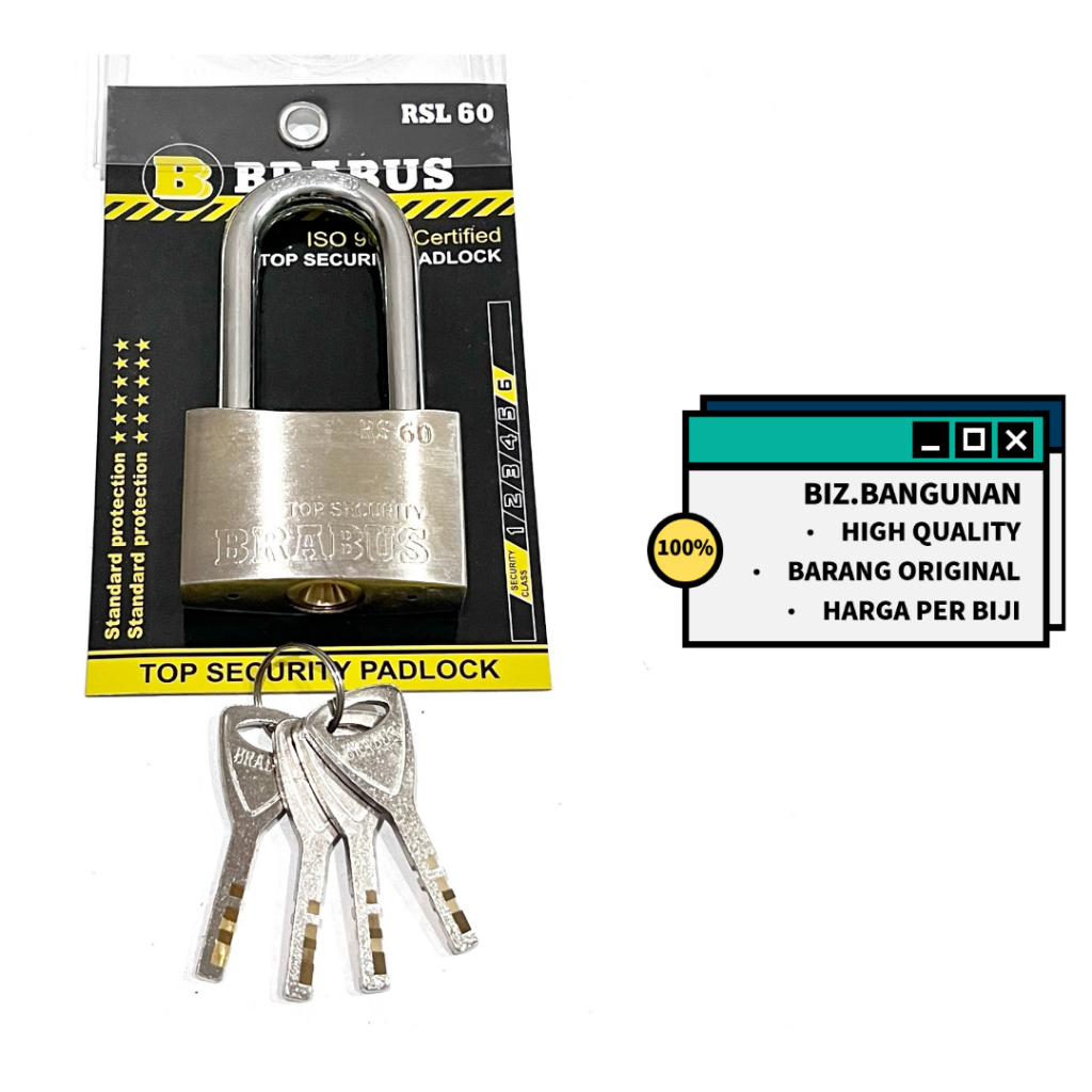 GEMBOK BRABUS RS LEHER PANJANG 60MM - GEMBOK PINTU PAGAR KUNINGAN ISO 9002