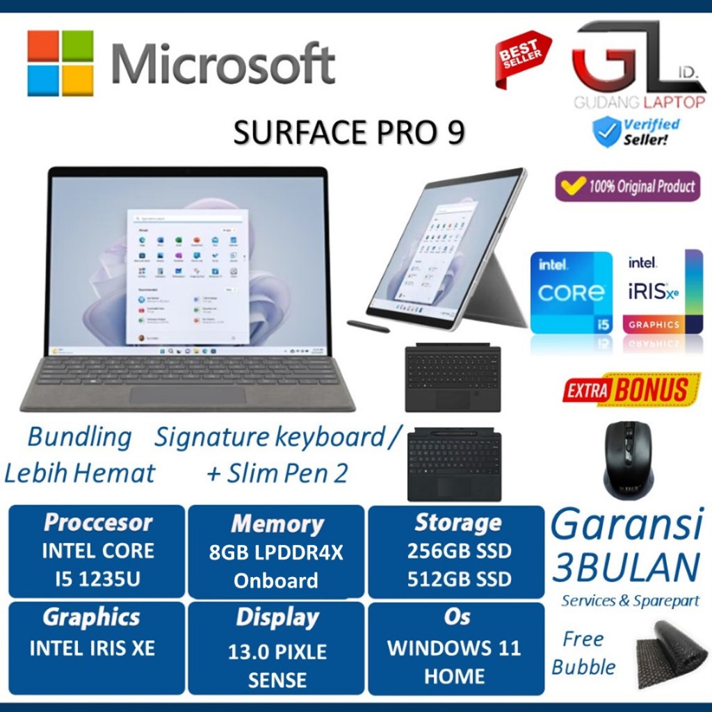 Microsoft Surface Pro 9 Intel i5 1235U Ram 8GB Ssd 512GB 13.0 Pixelsense Touchscreen Windows 11 Ori