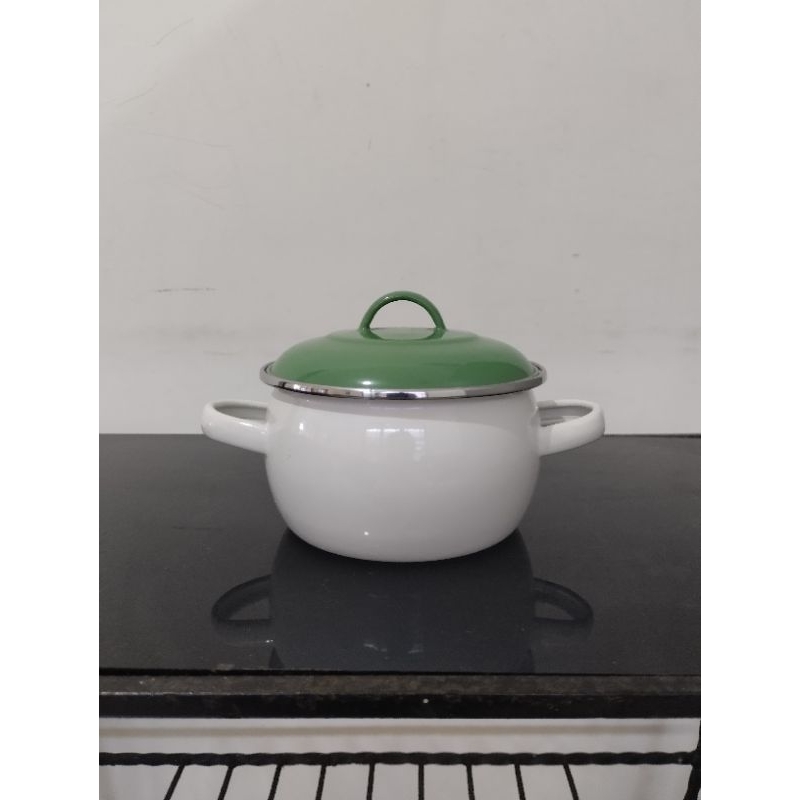 Panci enamel pumpkin mini 14 cm putih hijau