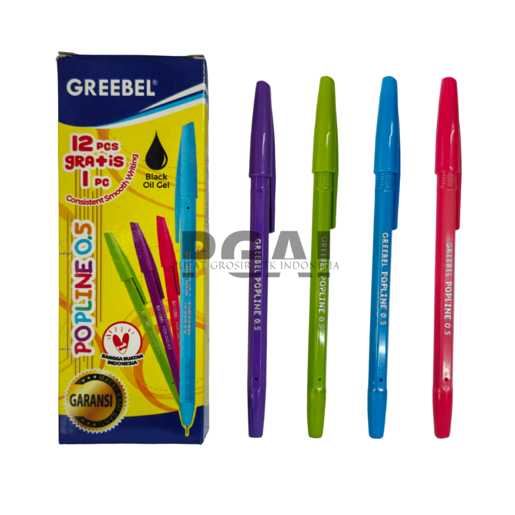 

BOLPOIN PULPEN BALL PEN GREEBEL POPLINE TINTA HITAM 1 PACK ISI 12 PCS BONUS 1 PCS STATIONERY